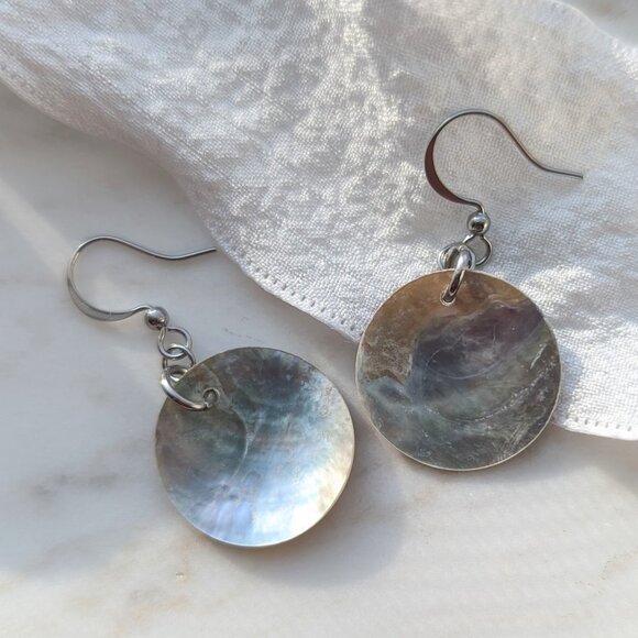Rustic Organic Iridescent Shell Disc Coin Minimalist Coastal Handmade Ea… - Picture 2 of 6